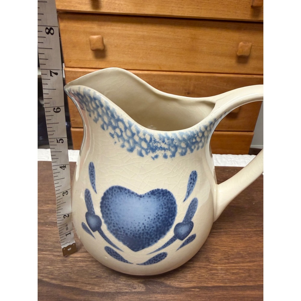 Vintage Blue Heart Sponge Painted Ceramic Pitcher Farmhouse Crackle Glaze 7in - Picture 4 of 5